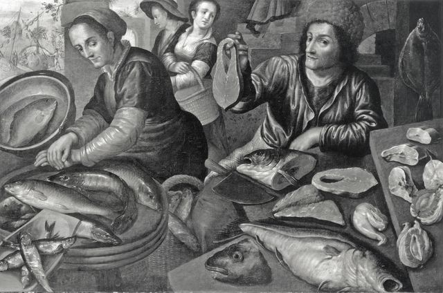 Christie's — Beuckelaer Joachim (seguace) - sec. XVI - Scena di mercato con pesci e figure — insieme